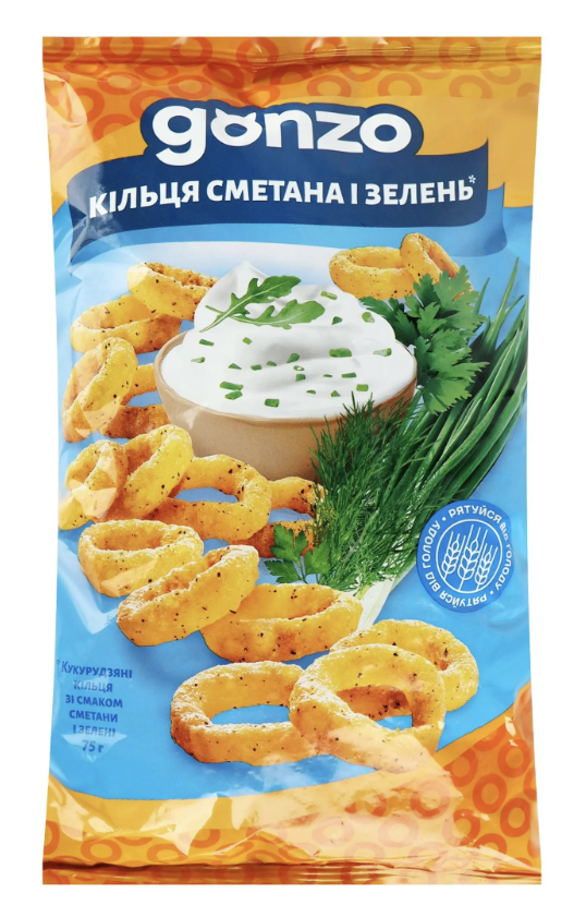 Снек Gonzo 75гКукурудзяні кільця смак сметани та зелені